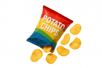 Potato chips bag spilling snack food, crispy crisps falling out, delicious junk food, transparent background