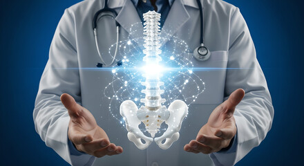 Doctor Holding Digital Spine Health Technology Blue Copy Space