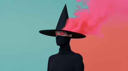 Minimalist surreal witch fashion portrait with smoke and bold colors – perfect for Halloween campaigns, posters, digital ads, and creative branding