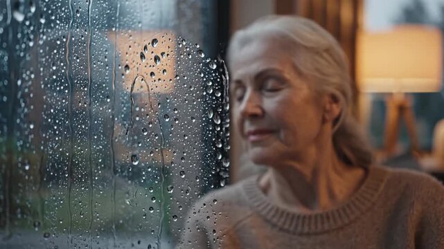 Senior Woman Relaxing Indoors Near Rain-Streaked Window