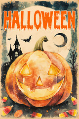 Halloween pumpkin with spooky elements and candy on vintage background  