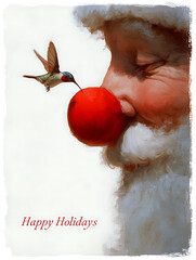 Santa Claus with red nose and hummingbird during the holidays  