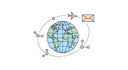 Abstract concept of global connectivity, showcasing international mail delivery, air travel, and worldwide data networks