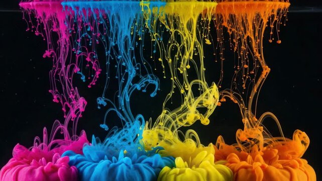 Colorful inks dissolving in water creating abstract patterns and shapes