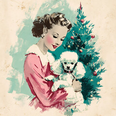 Woman holding white poodle dog and smiling near Christmas tree  