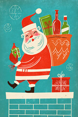 Cheerful Santa Claus carrying gifts and drinks on chimney background  