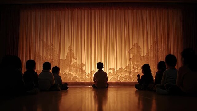 Children watch an exciting shadow puppet show in the theater