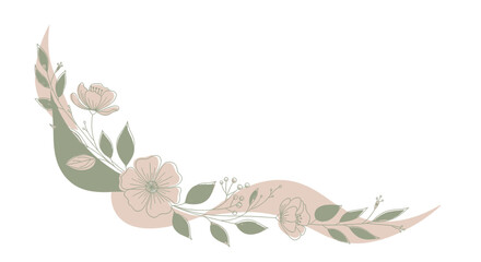 Elegant botanical corner design in soft pastel hues, featuring delicate blossoms and verdant leaves, perfect as a sophisticated graphic accent for invitations, borders, and decorative elements