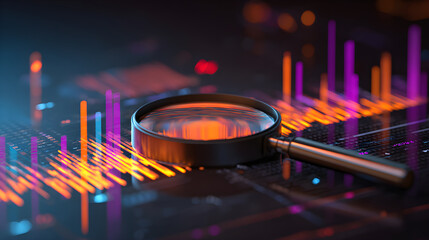 Magnifying glass analyzing digital financial data charts