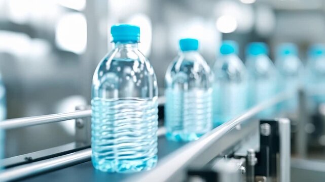 plastic water bottles on conveyor belt in factory