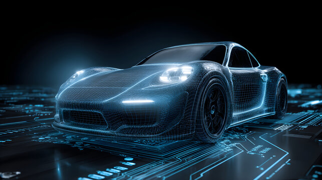 Futuristic car wireframe model on a circuit board