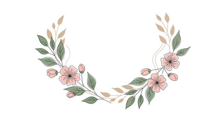 Elegant hand-drawn floral wreath with delicate pink flowers and green leaves, a beautiful botanical frame for invitations or logos