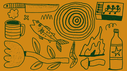 Camping and Outdoor Doodle Set — Hand Drawn Rustic Vector Illustration