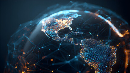 Global network connecting continents with data points and lines