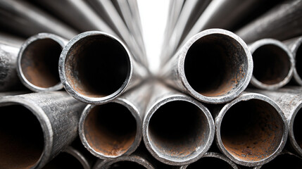 Hyperrealistic image of metal pipes aligned in a geometric pattern, highlighting industrial design, clean lines, symmetry, modern architecture, and the aesthetic of structured metallic surfaces.