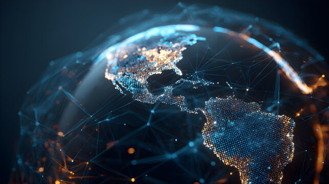 Global network connecting continents with data points and lines