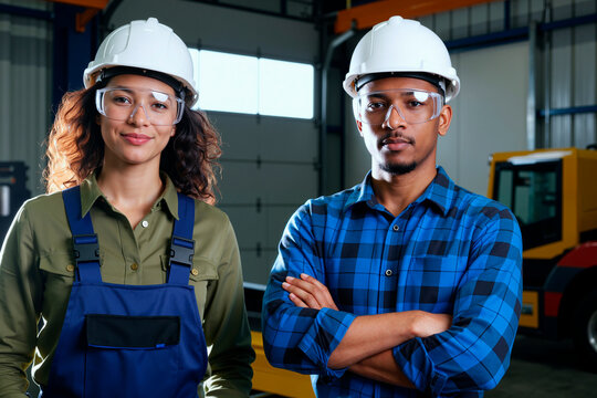 Young adult Caucasian woman and young adult Black man wearing safety helmets and protective glasses standing together in industrial warehouse setting, both looking at camera