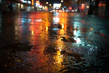 Night street reflecting colorful city lights after rain