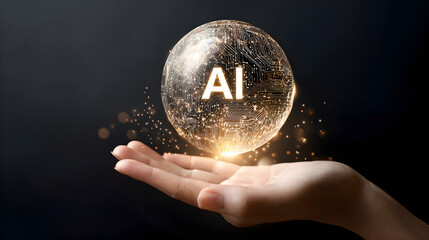 Hand holding glowing ai circuit board sphere concept