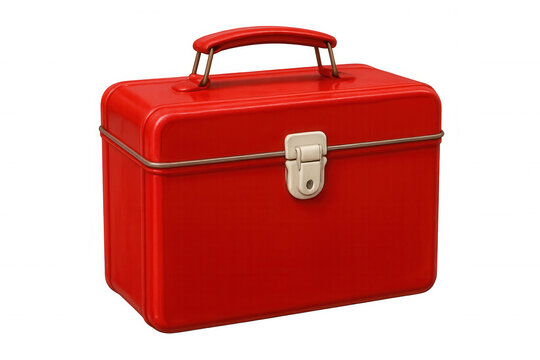 Red metallic lunch box with handle and latch presenting vintage picnic, camping, travel, or work storage