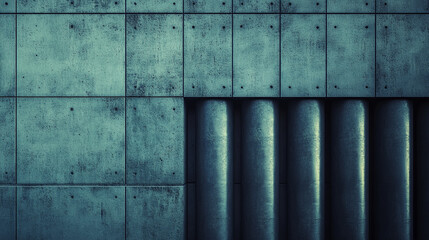 Hyperrealistic image of metal pipes aligned in a geometric pattern, highlighting industrial design, clean lines, symmetry, modern architecture, and the aesthetic of structured metallic surfaces.