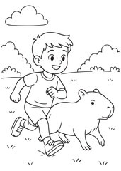 coloring book boy runs happily with capybara in meadow