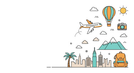 Cityscape & Travel Icons Plane, Balloon, Camera, Backpack & Landmarks