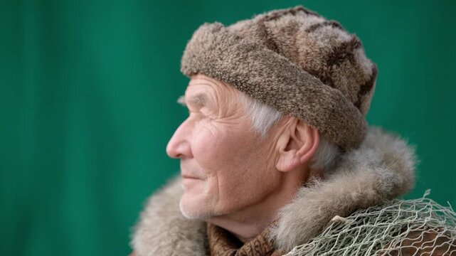 Elder Portrait: A close-up profile captures an older individual with weathered skin, a warm gaze, and a traditional fur hat, embodying wisdom, experience, and the quiet dignity of a life well-lived.