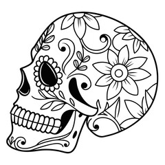 Halloween sugar skull with flower ornament decorative black line art illustration coloring page for adults