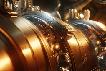 High-tech machinery in a futuristic setting illuminated by warm lights