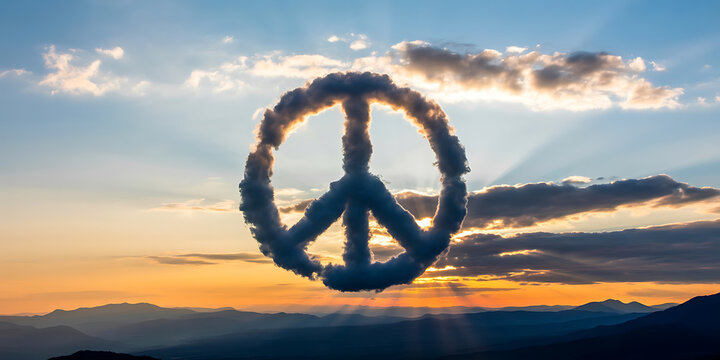 Peace symbol formed by clouds against a vibrant sunset sky, representing hope and tranquility.