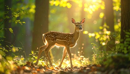 Young Deer Fawn Standing in Sunlit Forest Meadow During Golden Hour with Dappled Sunlight Through Trees
