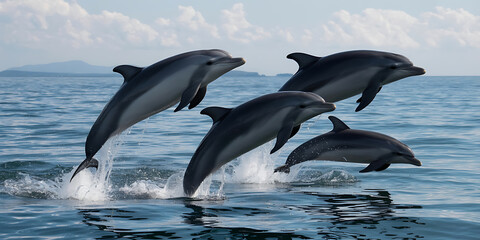 Obraz premium Graceful marine mammals leap from turquoise waters, displaying agility and playful nature.