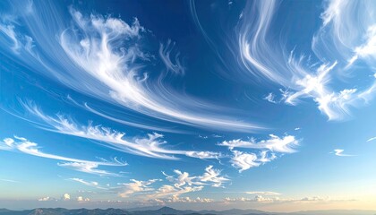 Wispy Cirrus Clouds Streaking Across a Vibrant Blue Sky During Daytime Over a Distant Cityscape