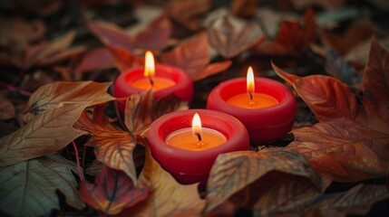 Cozy halloween flat lay featuring candles, pumpkins, and autumn leaves for a festive atmosphere