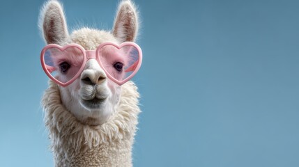 Obraz premium Llama wearing pink heart shaped sunglasses against blue background