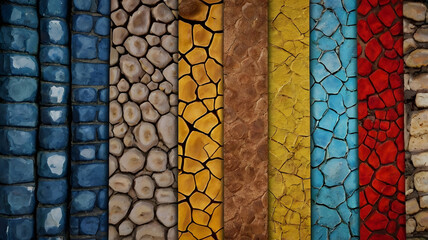 A vibrant collection of colorful stone textures, arranged in vertical strips, showcasing diverse patterns and hues