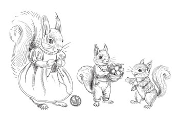 Squirrel and little squirrels. Vector illustration.