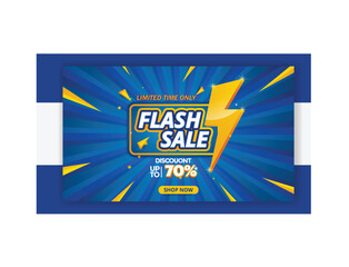 Flash sale banner template with blue background and lightning bolt illustration