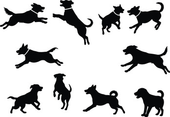 Black dog silhouette vector collection showing various playful, running, and jumping poses of dogs on white background for design illustration.