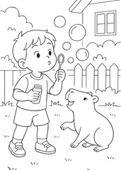 coloring book boy blows soap bubbles near capybara in yard