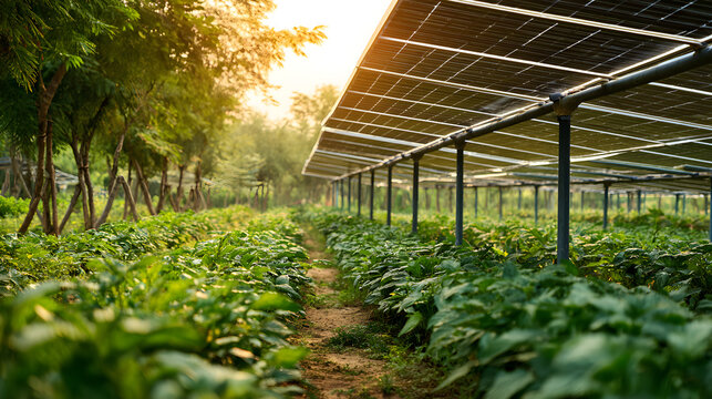 Solar panels above green crops in agrivoltaic farm