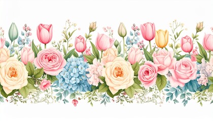Border pattern with vintage flowers, such as roses, tulips. Vector