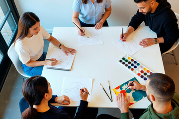 Group of young adult men and women sitting around table drawing abstract sketches on paper, using pencils and watercolor paints, engaging in collaborative creative activity together