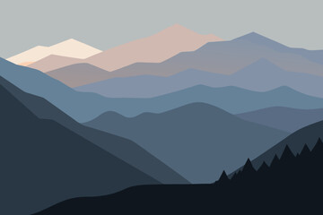 Minimalist mountain range landscape with soft pastel colors at dawn