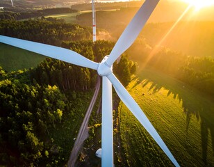 Aerial view of a wind turbine, sun shining over fields
