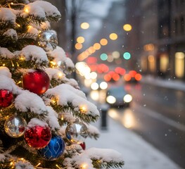 Closeup of Christmas tree decorations and lights blurred busy traffic in background