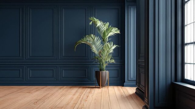 Elegant empty room interior with dark blue paneled walls, a large green houseplant, and light wooden flooring, modern design
