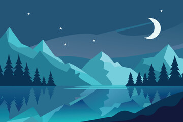 Flat design night landscape with mountains moon and lake reflection