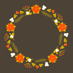 Simple botanical Christmas circle frame vector illustration isolated on dark background. Vintage Christmas wreath with mistletoe, holly berries, Poinsettia flower, pine tree branch